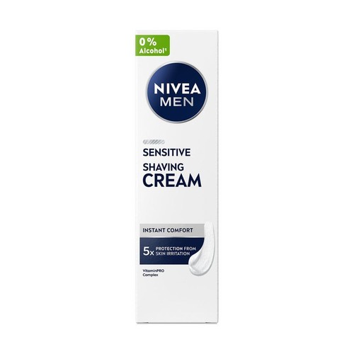 Białe opakowanie kremu do golenia Nivea Men Sensitive. Bez alkoholu, 5x ochrona przed podrażnieniami.