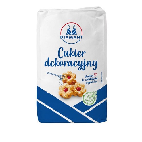 Białe opakowanie cukru dekoracyjnego Diamant. Na etykiecie grafika ciastek posypanych cukrem. Idealny do ozdabiania wypieków.