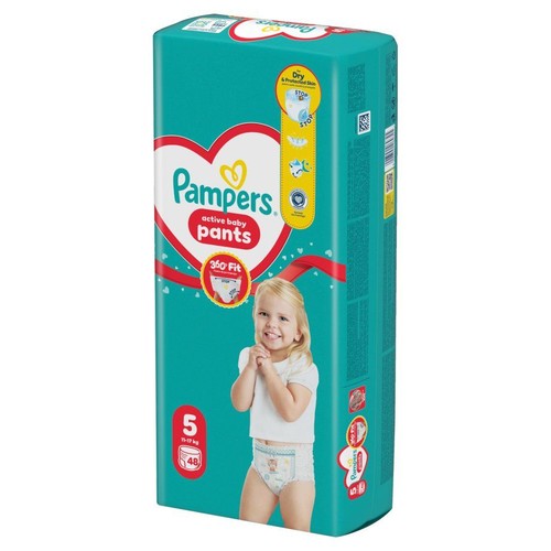 Pieluchomajtki Pampers Active Baby Pants, rozmiar 5 (12-17 kg), 48 sztuk. Opakowanie turkusowe z uśmiechniętym dzieckiem.
