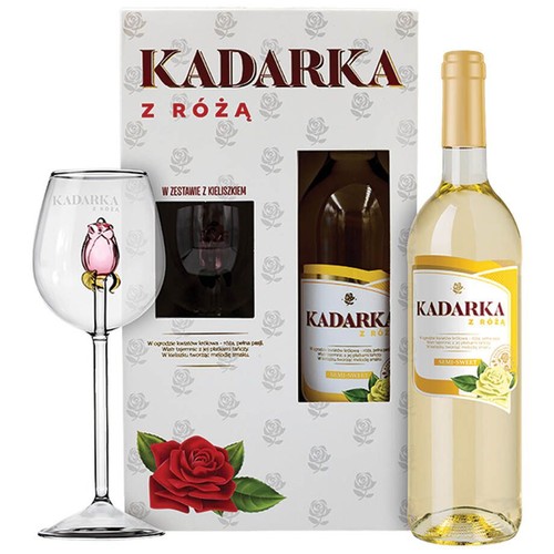Zestaw wino białe półsłodkie Kadarka alk. 11,0% obj. + kieliszek z różą Bartex 750 ml