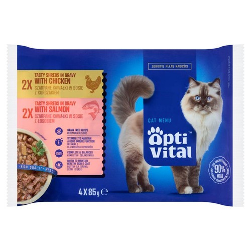 Opakowanie zbiorcze karmy Opti Vital dla kota, 4x85g. Smaki kurczak i łosoś. Widoczny kot rasy Ragdoll na niebieskim tle.