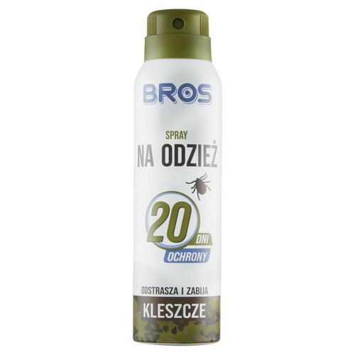 Biały spray BROS na kleszcze do odzieży, zapewnia 20 dni ochrony.