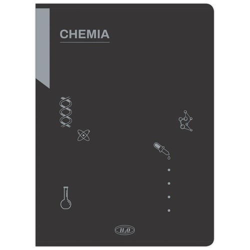Ciemnoszary zeszyt z napisem "CHEMIA" na górze. Na okładce znajdują się jasnoniebieskie grafiki symbolizujące chemię: spirala DNA, atom, struktura cząsteczki, zakraplacz z kroplami, kolba laboratoryjna oraz wzór H₂O.