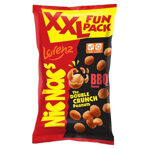 Opakowanie Lorenz NicNac's XXL Fun Pack z orzeszkami ziemnymi The Double Crunch o smaku BBQ. Dominują kolory czerwony i czarny. Widoczne są chrupiące orzeszki i logo marki Lorenz. Napis 'Fun Pack' jest żółty.