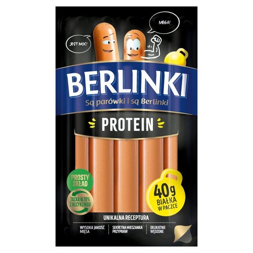 Berlinki Protein, parówki z prostym składem. Na opakowaniu rysunki parówek i hantel.
