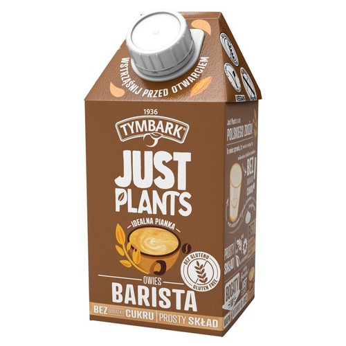 Brązowe kartonowe opakowanie Tymbark Just Plants Owsiane Barista z białą zakrętką. Produkt wegański, bez glutenu i dodatku cukru, z prostym składem. Na etykiecie grafika filiżanki kawy z pianką i kłosów owsa. Idealny do spieniania.