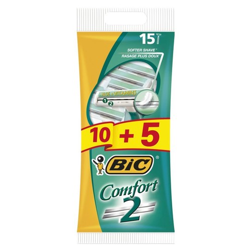 Zestaw 15 jednorazowych maszynek BIC Comfort 2. Opakowanie z zielonymi i żółtymi akcentami, podkreślające delikatne golenie.