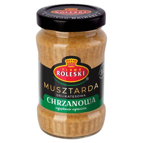 Szklany słoik musztardy Roleski Chrzanowej, wyjątkowo wyrazistej. Etykieta czarno-zielona. Waga netto 350g.