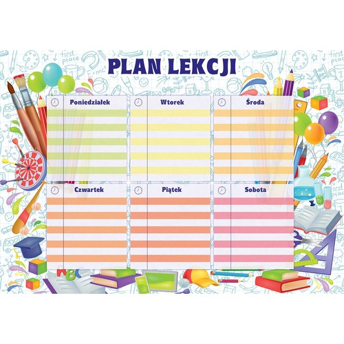 Kolorowy plan lekcji z sześcioma sekcjami na dni tygodnia, od poniedziałku do soboty, każda z liniami do wpisywania zajęć. Tło ozdobione licznymi ilustracjami przyborów szkolnych, w tym pędzli, ołówków, balonów, książek i sprzętu laboratoryjnego.
