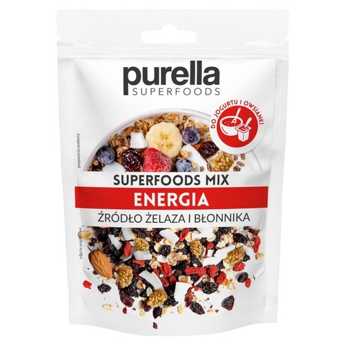 Biała torebka Purella Superfoods Mix Energia. Na opakowaniu grafika miski z jogurtem i mieszanką, oraz zdjęcie produktu: suszone owoce (rodzynki, morwa, jagody goji), migdały, płatki kokosowe. Źródło żelaza i błonnika, do jogurtu i owsianki.