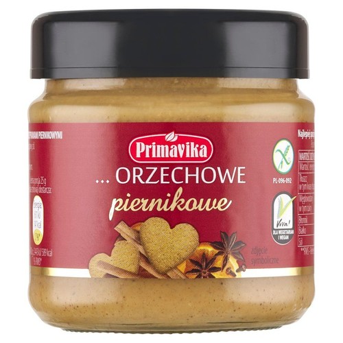 Primavika Orzechowe Piernikowe, krem w szklanym słoiku. Ciemna nakrętka. Produkt odpowiedni dla wegan i bez glutenu.