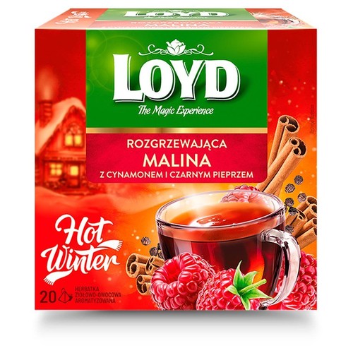 Opakowanie herbaty Loyd Hot Winter, rozgrzewająca malina z cynamonem i czarnym pieprzem. Herbatka ziołowo-owocowa, 20 torebek.