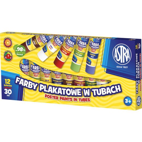 Farby Plakatowe 12 kolorów w tubach 30ml Astra 12 sztuk