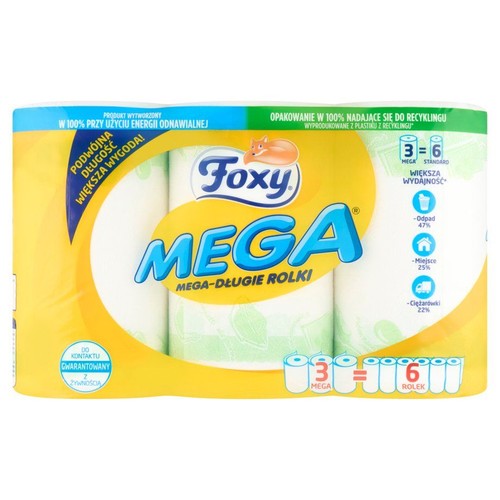 Foxy Mega, 3 mega-długie rolki papieru toaletowego, co odpowiada 6 standardowym rolkom. Podwójna długość dla większej wygody.