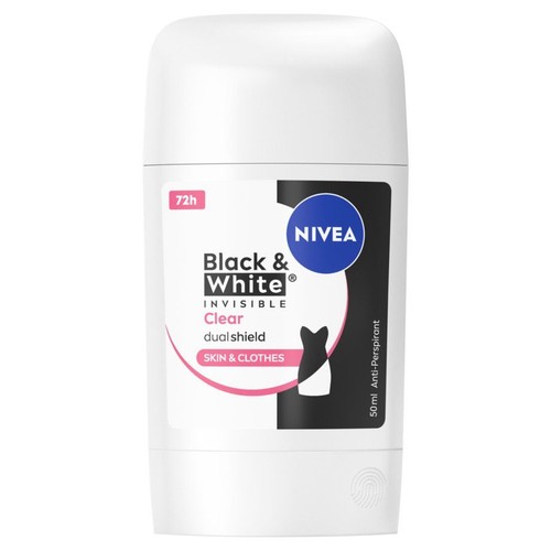 Biały dezodorant w sztyfcie NIVEA Black & White Invisible Clear, 50 ml. Opakowanie z etykietą 72h ochrony.