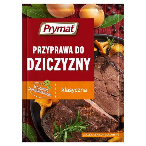 Prymat Przyprawa do Dziczyzny Klasyczna, bez glutaminianu sodu. Opakowanie z grafiką pieczeni i grzybów.