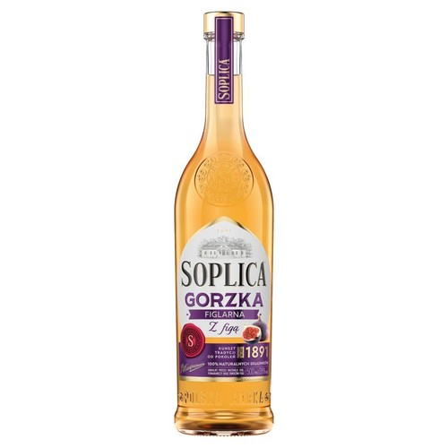 Soplica Gorzka Figlarna z figą, 0,5 litra, w szklanej butelce. Etykieta w kolorze białym z fioletowymi elementami, prezentuje nazwę produktu, rok założenia 1891 i ilustrację figi. Podkreślono "Kunszt tradycji od pokoleń".