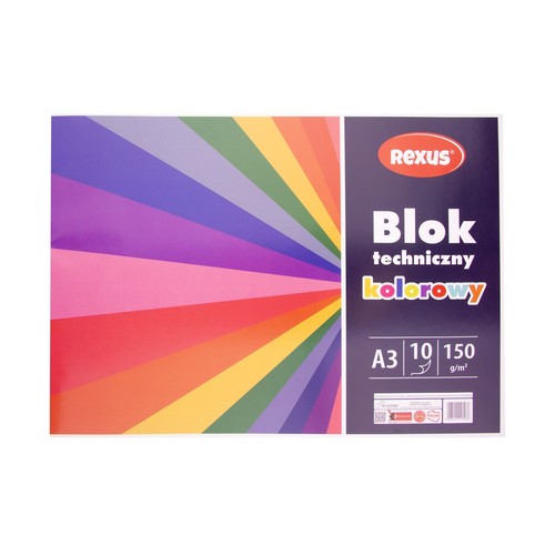 Kolorowy blok techniczny A3 marki Rexus. Zawiera 10 arkuszy o gramaturze 150 g/m². Okładka z barwnym wzorem.
