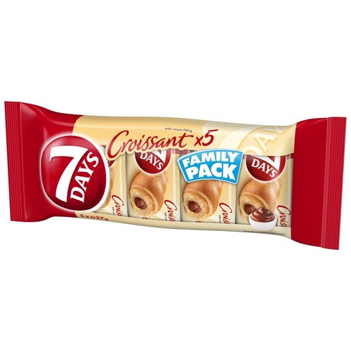 7 DAYS Croissant, 5 rogalików z nadzieniem kakaowym w czerwono-kremowym opakowaniu.