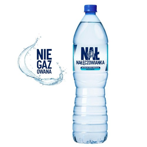 Butelka naturalnej wody mineralnej Nałęczowianka niegazowana, stojąca na białym tle. Ma niebieską zakrętkę i etykietę z logo Nałęczowianka oraz napisem "naturalna woda mineralna niegazowana". Butelka jest przezroczysta.