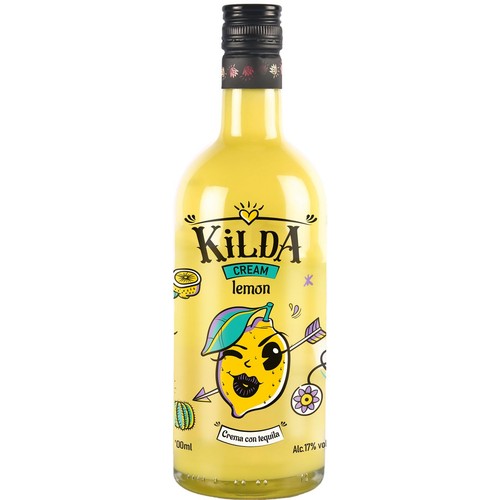 Butelka likieru Kilda Cream Lemon o pojemności 0.7 litra. Na etykiecie rysunek cytryny z ustami i strzałą. Zawiera 17% alkoholu.