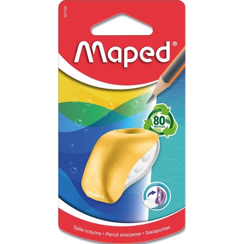 Temperówka Maped w żółto-białym kolorze, w blistrze. Opakowanie z grafiką ołówka i symbolem 80% recyklingu.