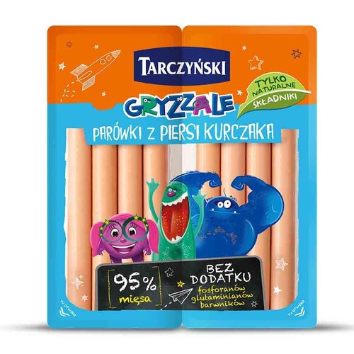 Opakowanie parówek Tarczyński Gryzzale z piersi kurczaka. Zawiera 95% mięsa, bez fosforanów i barwników.