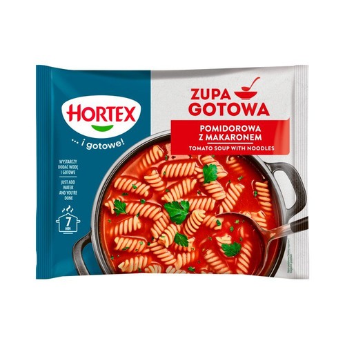 Opakowanie zupy Hortex Pomidorowa z Makaronem. Na grafice gotowa zupa w garnku z makaronem i natką pietruszki. Gotowa w 7 min.
