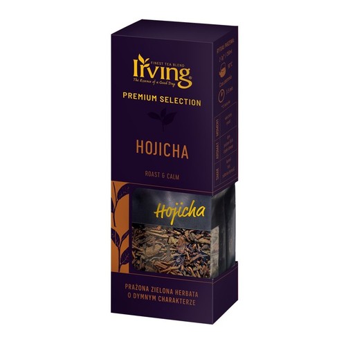Living Hojicha, prażona zielona herbata o dymnym charakterze. Fioletowe opakowanie z widocznymi liśćmi herbaty.