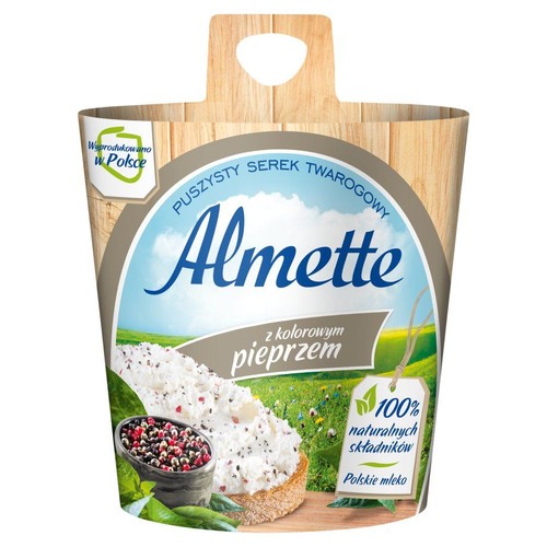Opakowanie serka Almette Puszysty Serek Twarogowy z kolorowym pieprzem. Produkt wyprodukowany w Polsce.