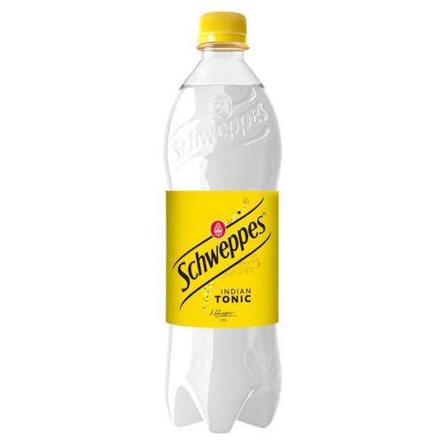 Butelka Schweppes Indian Tonic o pojemności 1.25 litra z żółtą etykietą i żółtą zakrętką.