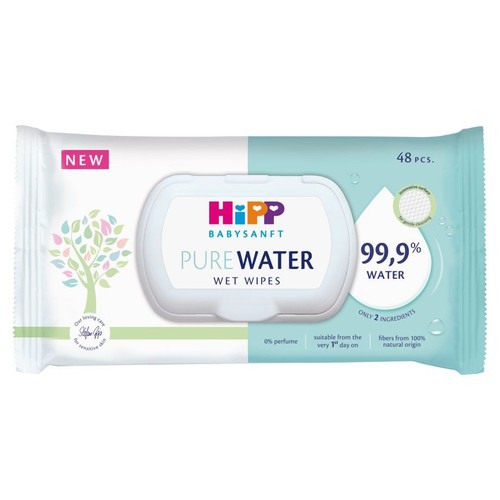 Opakowanie chusteczek nawilżanych HiPP Babysanft Pure Water, 48 sztuk. Zawierają 99,9% wody, 0% perfum. Nowość.