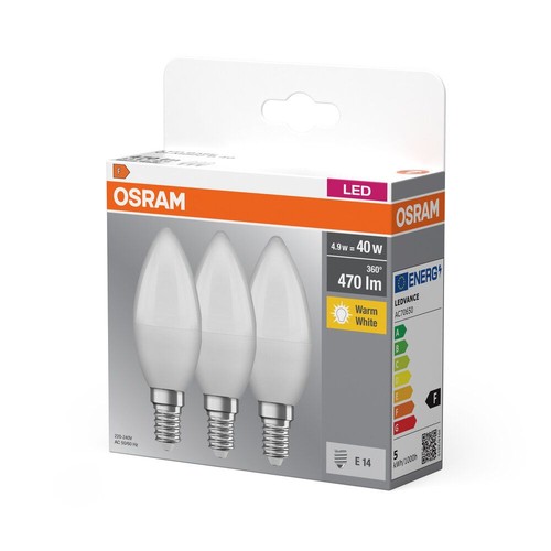 Zestaw 3 żarówek LED OSRAM E14, kształt świecy. Moc 4.9W (40W), 470 lumenów, barwa ciepła biała.