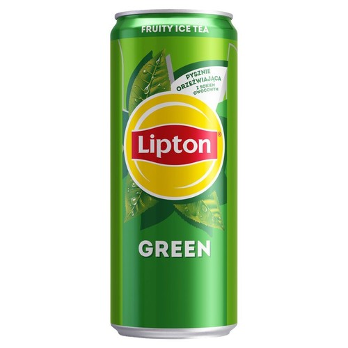 Lipton Green Ice Tea w zielonej puszce. Na etykiecie liście herbaty i logo Lipton. Z sokiem owocowym.