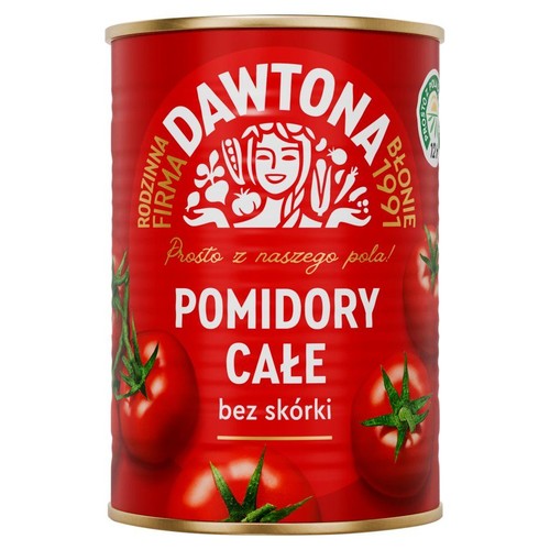 Czerwona puszka Dawtona z całymi pomidorami bez skórki. Na etykiecie logo firmy i hasło "Prosto z naszego pola!".