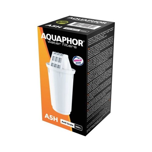 Czarne i pomarańczowe opakowanie filtra wody Aquaphor A5H Przeciw osadom. Na froncie grafika białego wkładu filtrującego. Etykieta informuje o pojemności 350 litrów i technologii Aqualen w środku, zapewniającej czystą wodę.