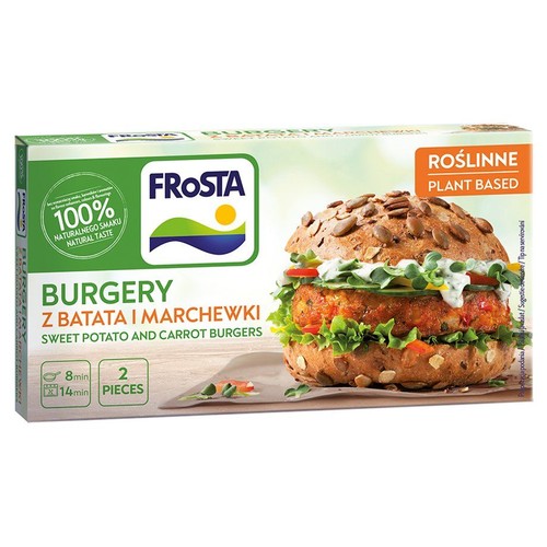 Roślinne burgery Frosta z batata i marchewki, 2 sztuki. Na opakowaniu grafika gotowego burgera.