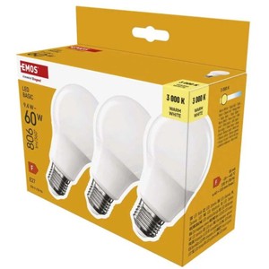 Żarówki LED Basic A60 / E27 / 9,4 W (60 W) / 806 lm / ciepła biel 3 szt. EMOS 3 sztuki