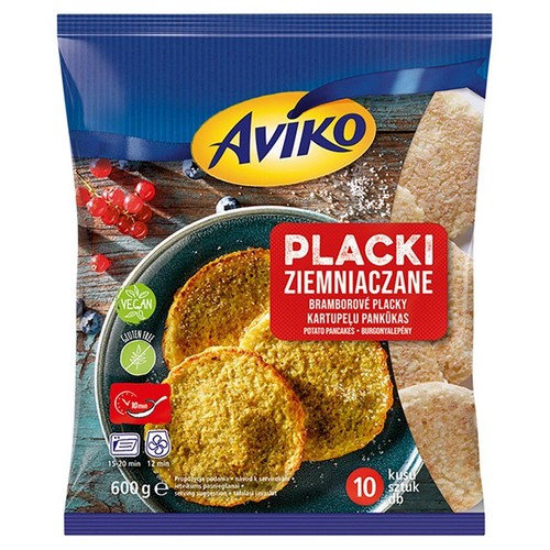 Aviko Placki Ziemniaczane, 600g, 10 sztuk. Produkt wegański i bezglutenowy. Na opakowaniu widoczne gotowe placki ziemniaczane.