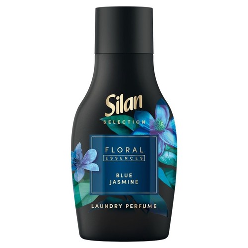 Silan Selection Perfumy do prania, Niebieski Jaśmin. Czarna butelka z grafiką niebieskich kwiatów.