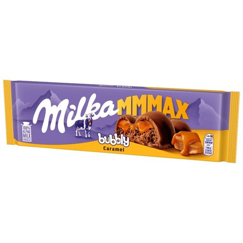 Produkt: czekolada Milka MMMAX Bubbly Caramel. Fioletowe opakowanie z logo Milka i krową. Na etykiecie grafika przedstawiająca rozłamaną tabliczkę czekolady, ukazującą jej porowatą strukturę i gęsty, płynny karmel w środku.