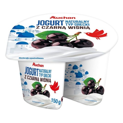 Dwa połączone jogurty Auchan, naturalne, typu greckiego, z czarną wiśnią, każdy po 150 g. Na wieczku i kubkach grafika czarnych wiśni, greckich domków z niebieskimi kopułami i czerwonego ptaka. Ilustracja symboliczna.
