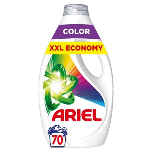 Płyn do prania Ariel Color, XXL Economy, na 70 prań. Biała butelka z fioletowo-żółtą etykietą i zielonym logo.