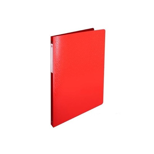 Czerwony folder biurowy z geometrycznym wzorem na grzbiecie.