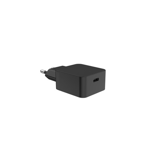 Adapter zasilający w kolorze czarnym, z dwoma bolcami i gniazdem USB-C.