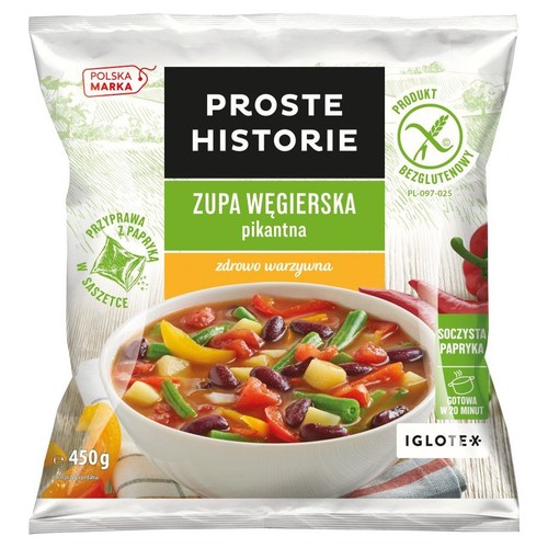 Opakowanie zupy węgierskiej Proste Historie, 450g. Bezglutenowa, z przyprawą w saszetce. Na grafice miska z warzywami.