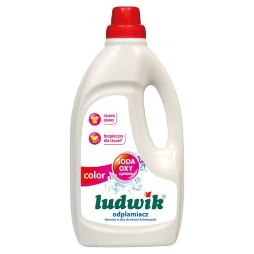 Odplamiacz Ludwik Color z systemem Soda Oxy. Żel do tkanin kolorowych, usuwa plamy. Biała butelka z uchwytem.