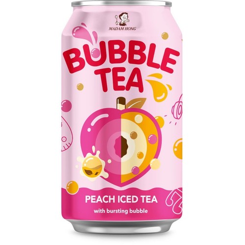 Różowa puszka Madam Hong Bubble Tea, brzoskwiniowa mrożona herbata z pękającymi bąbelkami. Grafika brzoskwini i bąbelków.