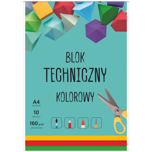 Okładka bloku technicznego kolorowego w formacie A4, zawierającego 10 arkuszy o gramaturze 160 g/m². Na turkusowym tle widoczne są kolorowe figury geometryczne u góry, a na dole żółte nożyczki i ikony pędzla, kredki i markera.