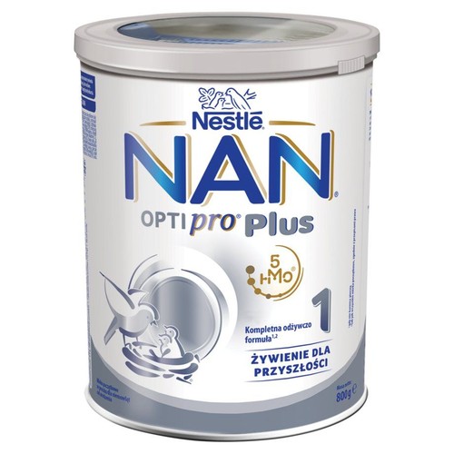 Biała puszka mleka modyfikowanego Nestlé NAN OPTIpro Plus 1, 800g. Na etykiecie grafika ptaka karmiącego pisklęta.